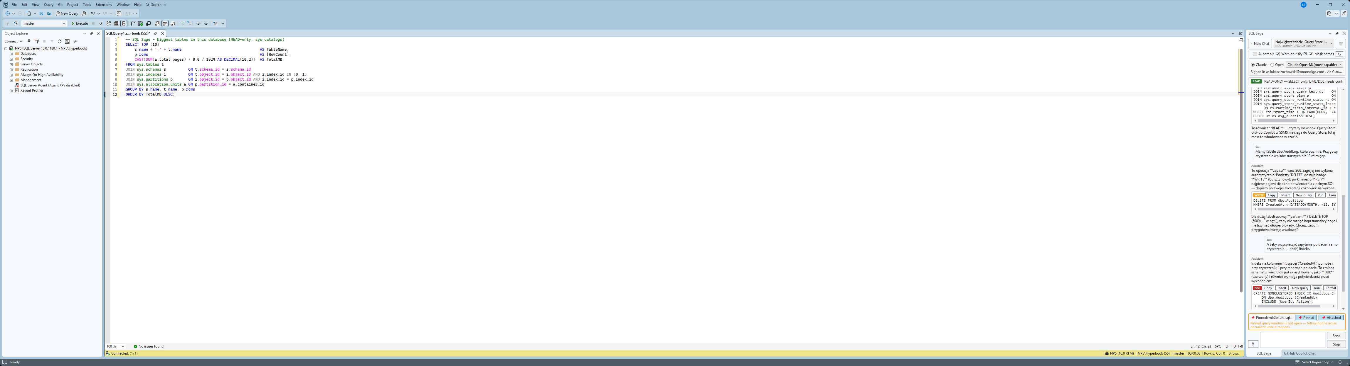 SQL Sage chat panel docked on the right inside SQL Server Management Studio, next to a T-SQL query editor and the Object Explorer tree, with the connection context bar and classified SQL blocks visible.