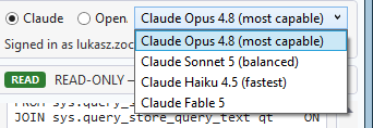 Provider radio (Claude / OpenAI) with the Claude model dropdown open: Opus 4.8, Sonnet 5, Haiku 4.5, Fable 5