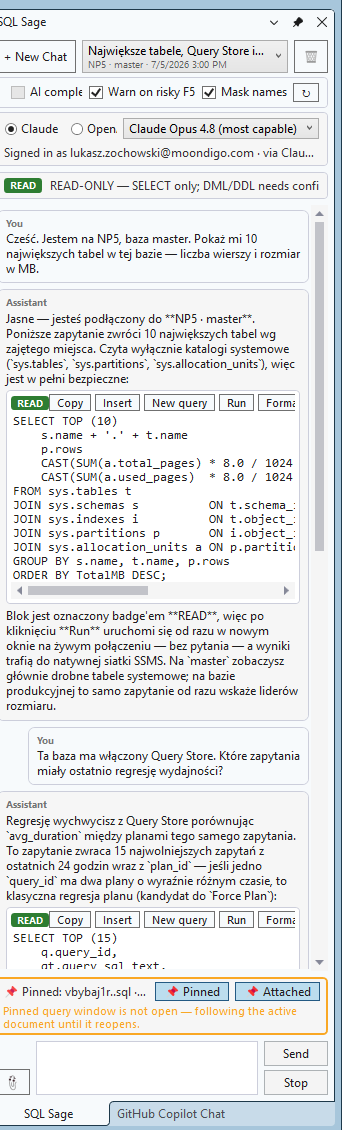 SQL Sage chat panel docked in SSMS with the NP5 · master connection bar pinned above the conversation