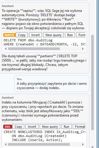 Two classified SQL blocks in chat: a DELETE with an amber WRITE badge and a CREATE INDEX with a red DDL badge, each showing the full SQL