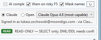 Chat toolbar toggles: AI completions, Warn on risky F5, and Mask names, with the read-only safety banner