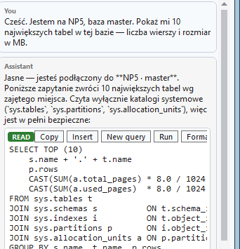 A SQL block in chat carrying a READ badge with a Copy / Insert / New query / Run / Format toolbar